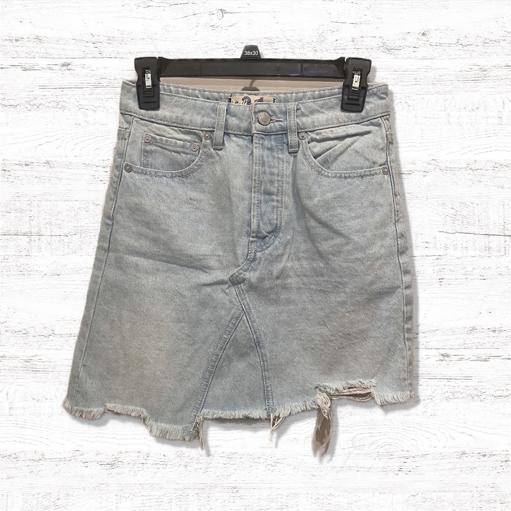 We the Free 24 Denim A-Line Distressed Mini Skirt